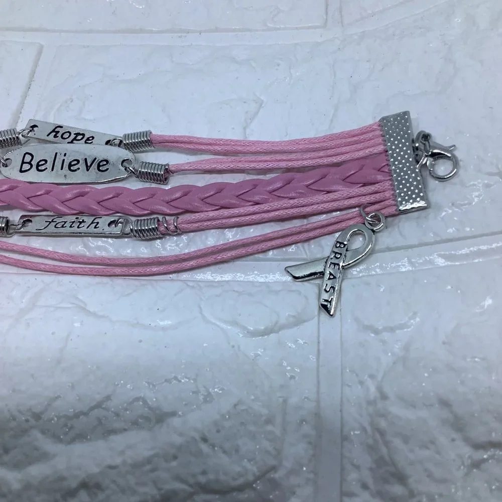 Pink Ribbon Breast Cancer Awareness FAITH BELIEVE HOPE‎ Leather Braided Bracelet
